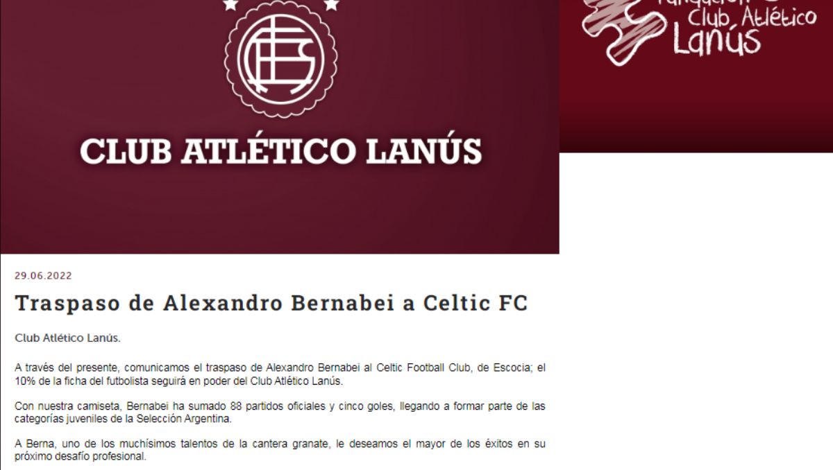 Comunicado oficial de Lanus sobre la venta de Bernabei al Celtic F.C.